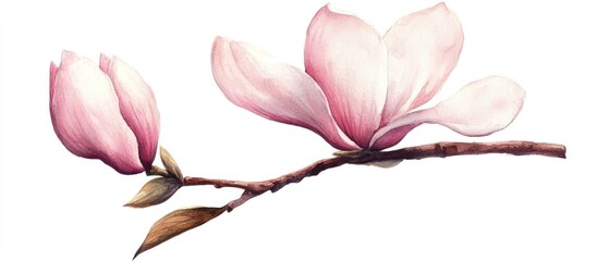 Watercolor illustration of an elegant hand painted magnolia flower