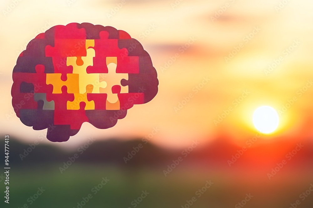 Aufkleber floating brain made of puzzle pieces set against a sunrise symbolizing the awakening of thought new 