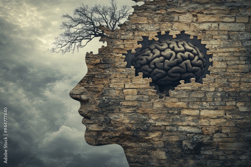 Poster womans profile integrated into a tree like brain with roots symbolizing the connection between natur