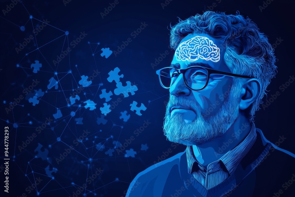Poster portrait of an elderly man with a digital brain overlay symbolizing the integration of wisdom and te