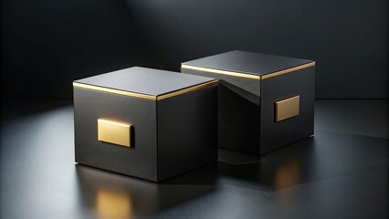 Two square black textured boxes with golden label in dark studio, square