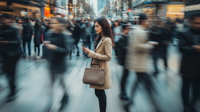 A woman stands still amid the busy city street, using her phone while pedestrians rush by in the afternoon