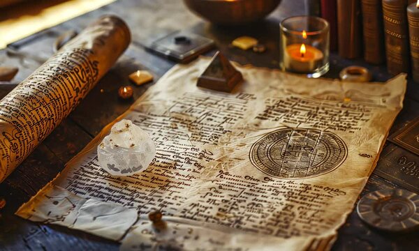 Vintage papers with astrological drawings under warm light