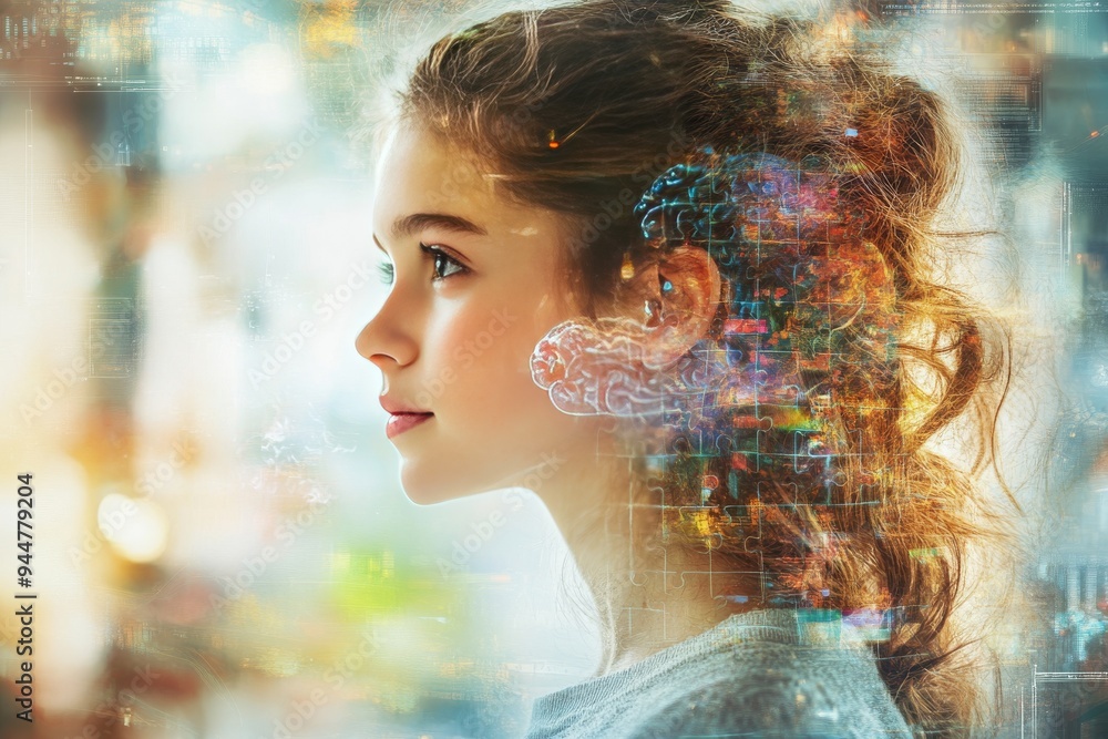 Poster portrait of a woman with digital neural networks overlay symbolizing the fusion of technology and hu