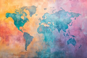 Naklejka premium Colorful world map illustration on textured background in vibrant hues