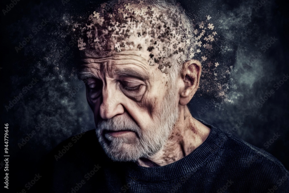 Poster elderly man with a dissolving brain symbolizing memory loss cognitive decline and the emotional impa