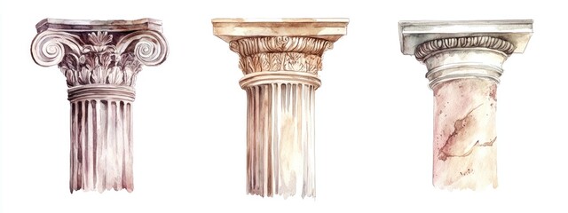 Obraz premium Watercolor illustration of antique Corinthian Ionic and Doric columns featuring elements of ancient architecture with realistic details isolated on a white background
