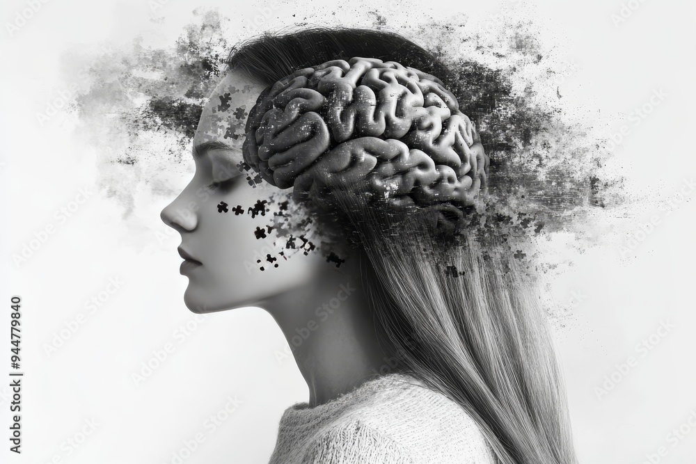 Poster profile of a woman with a brain overlay in grayscale symbolizing mental health cognitive processes a