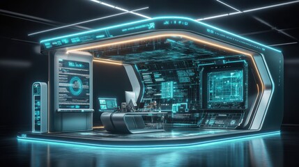 Futuristic Cyber Space Workstation with Holographic Displays