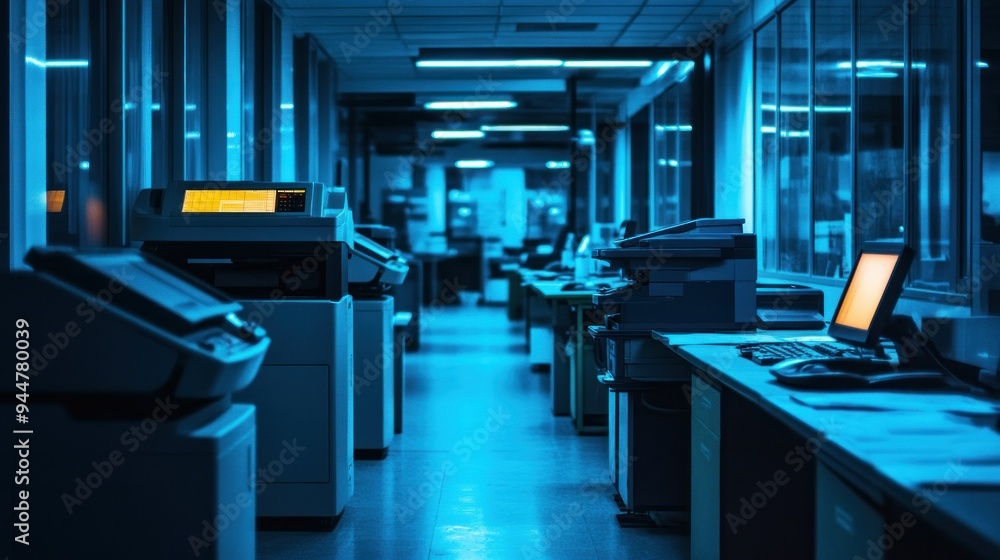 Poster blue lit office corridor with copiers and computer