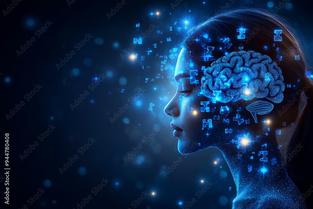 Poster futuristic brain with glowing blue circuitry symbolizing advanced cognitive processing neural connec