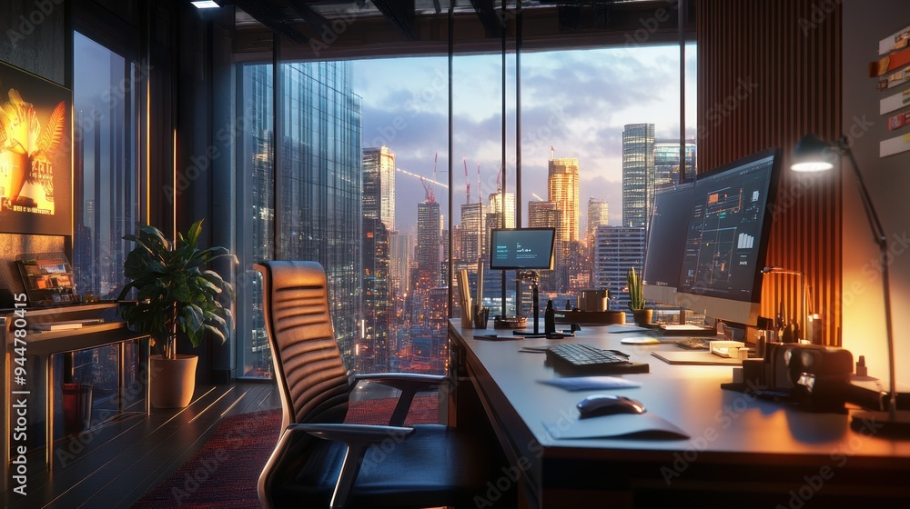 Poster modern office with cityscape view and desk setup