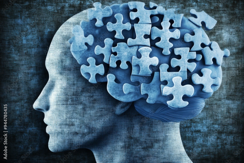 Poster digital brain composed of puzzle pieces in blue tones symbolizing problem solving cognitive processi
