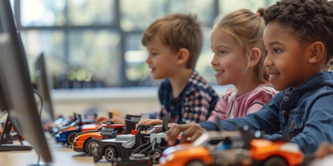 Students from various schools build robot cars using computers.