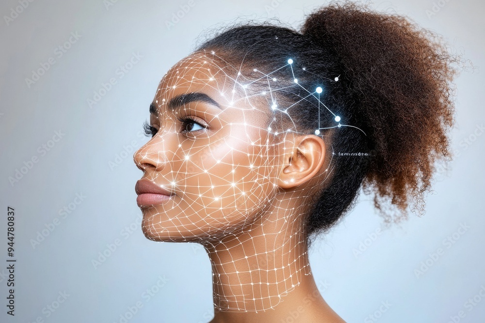 Poster portrait of a woman with a digital brain overlay symbolizing the integration of technology cognitive