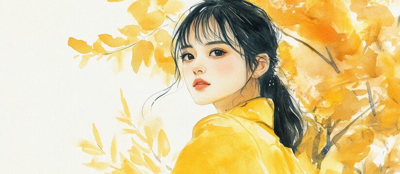 Watercolor illustration of an adorable ulzzang girl in yellow