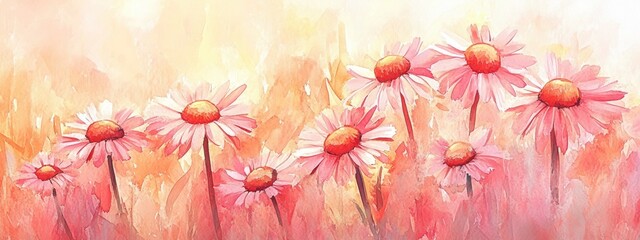 Watercolor illustration of pink daisies in an impressionistic style