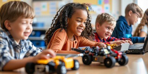 A group of children are sitting at a table with a robot toy in front of them. They are smiling and seem to be enjoying themselves