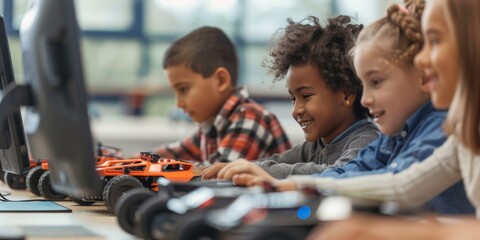 Vibrant classroom scene with diverse school children intently building robotic cars. They are focused, working together, and enjoying the educational robotics activity