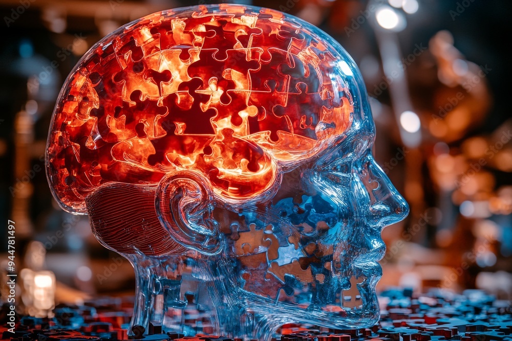 Poster transparent skull with a digital brain overlay symbolizing the complexity of human thought technolog