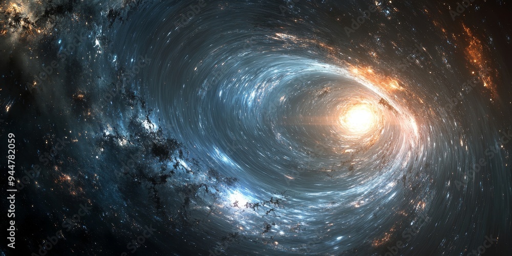 Wall mural a galaxy seen through a wormhole, with its distorted shape and light being stretched as it enters th