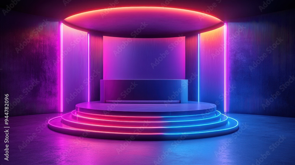 Poster neon lights stage podium empty product display presentation d rendering