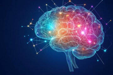Vibrant brain with glowing neural connections representing the dynamic processes of thought creativity and the intricate network of human cognition