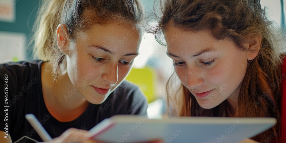 Poster a close-up of two teachers collaborating over a digital tablet in a modern school environment intens