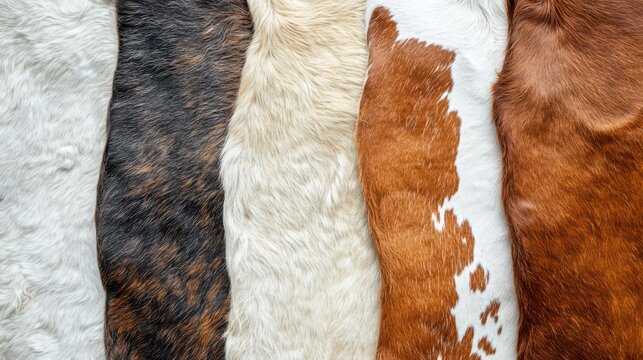 Various animal hides displayed in a row on a textured surface