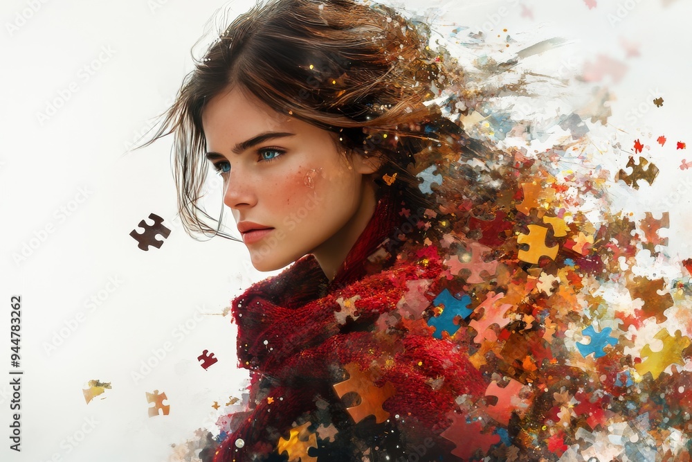 Poster portrait of a woman with puzzle pieces merging with nature symbolizing the connection between memory