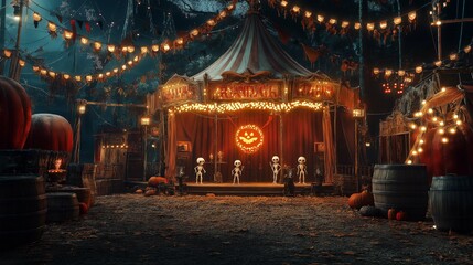 A Halloween circus filled with haunted animals, skeletons, and ghouls performing spooky stunts. No text.