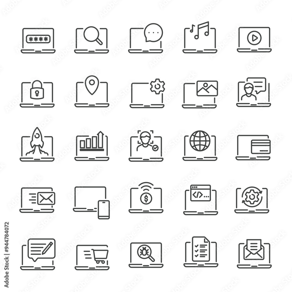 Poster laptop function, computer or notebook line icons collection. editable stroke. for website marketing 