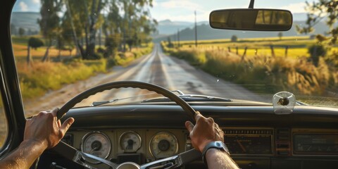 closeup of hands driving an old car