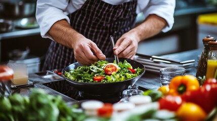 A chef preparing a fresh salad with colorful vegetables in a modern kitchen during daylight hours