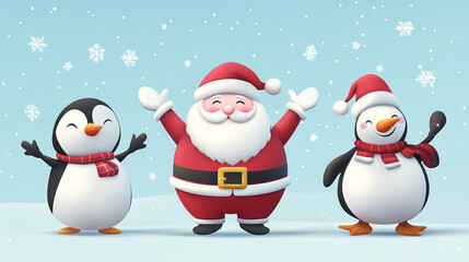 Santa claus, snow man and penguin christmas