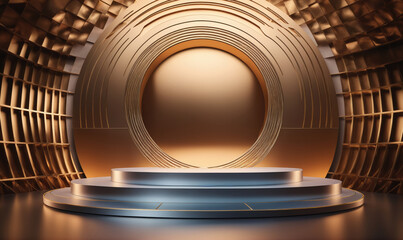 A silver podium sits in a golden circular room with a large circle in the back