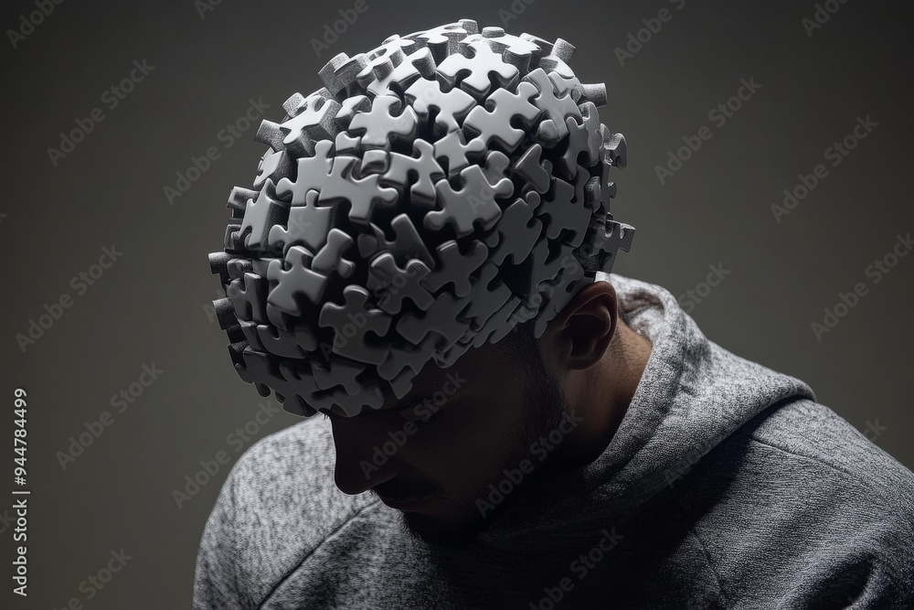 Poster conceptual portrait of a man with puzzle pieces in his head symbolizing the construction of identity