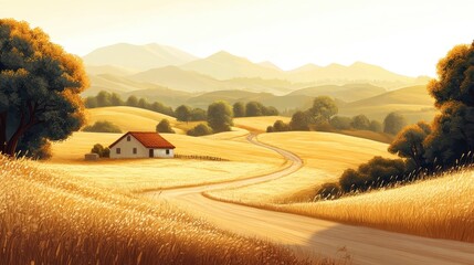 Fototapeta premium Countryside Road Through Golden Wheat Field With Farmhouse and Rolling Hills