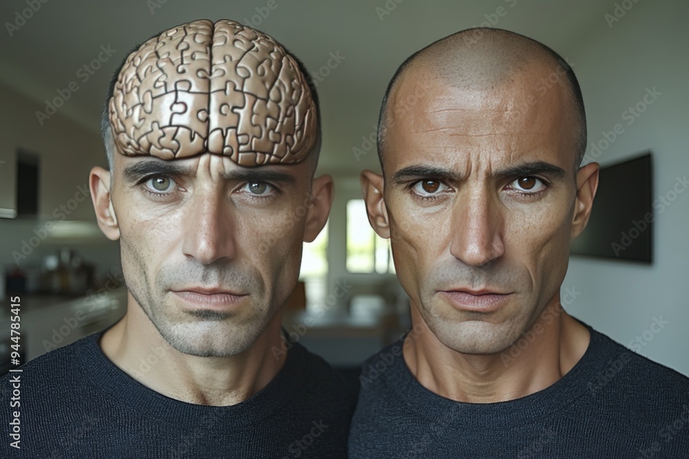 Poster dual portrait of two bald men with puzzle covered heads representing duality in thought identity cha