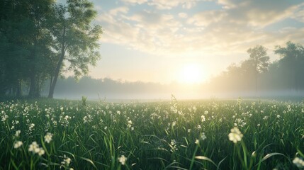 Sunrise Over a Misty Meadow with White Flowers and Trees