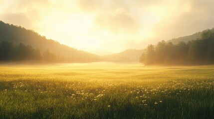 Naklejka premium Sunrise Over Misty Meadow with Wildflowers
