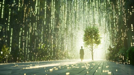 Woman Walking Through Magical Forest With Glowing Lights