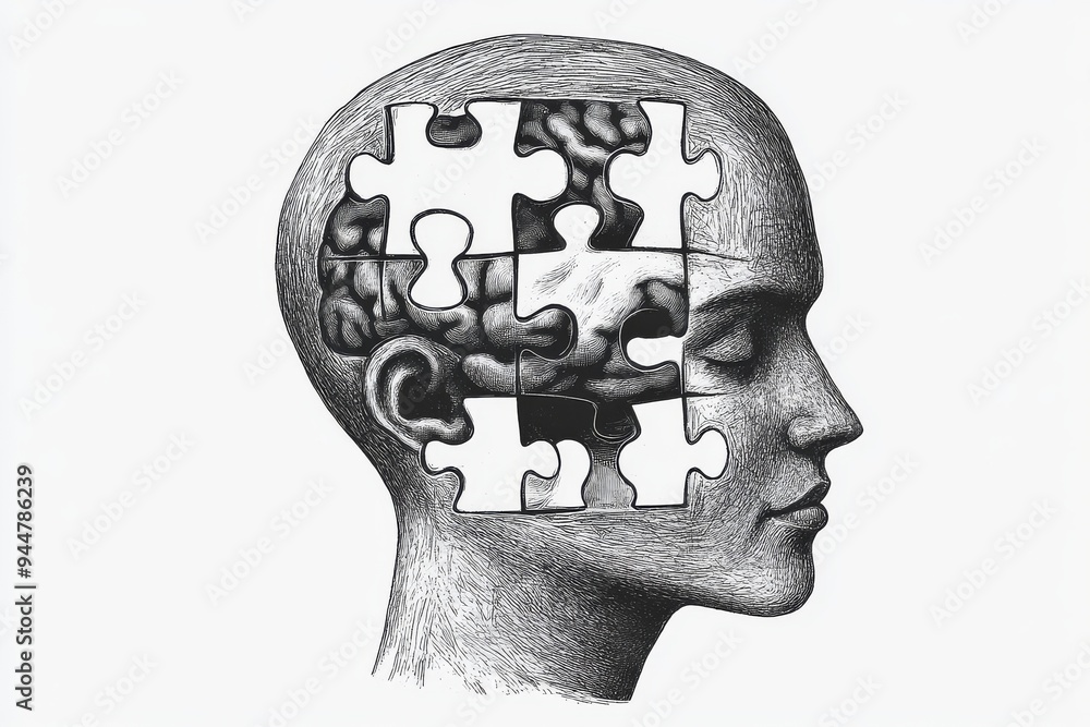 Aufkleber grayscale profile of a woman with a puzzle covered brain representing the complexity of human cognit