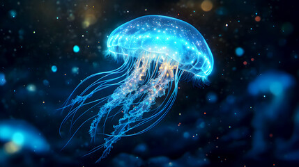 Bioluminescent Fantasy Style A glowing, bioluminescent jellyfish floating in a dark, mysterious ocean. The jellyfish emits a soft, ethereal light