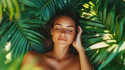 A woman relaxes surrounded by vibrant green tropical leaves in a serene outdoor setting during a sunny day