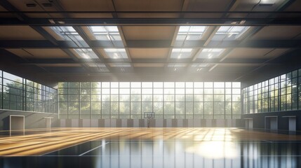 Sunlit Empty Basketball Court with Large Windows