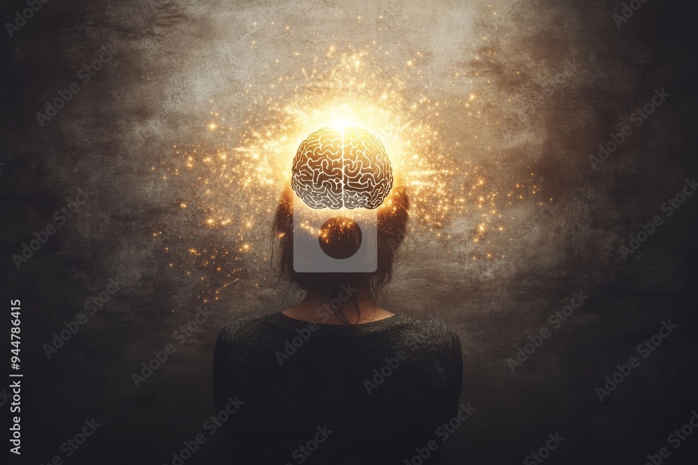 Poster abstract image of a person with a glowing brain in darkness symbolizing enlightenment mental energy 