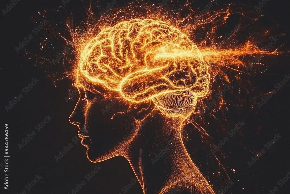 Poster fiery brain silhouette in an explosive setting symbolizing the intensity of thought creativity and t