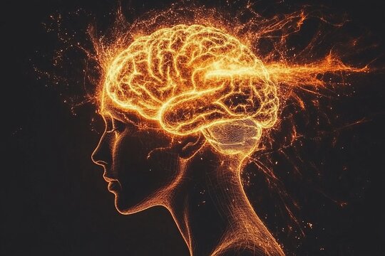 Fiery brain silhouette in an explosive setting symbolizing the intensity of thought creativity and the powerful energy of the human mind