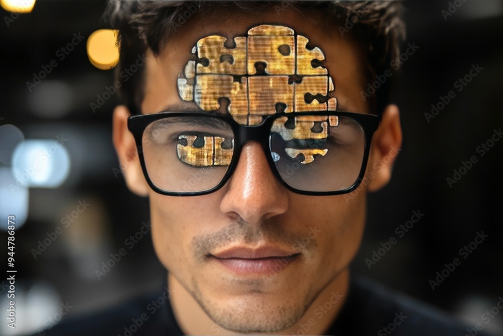 Poster man with glasses and a puzzle brain symbolizing intellectual thought focus and the analytical nature